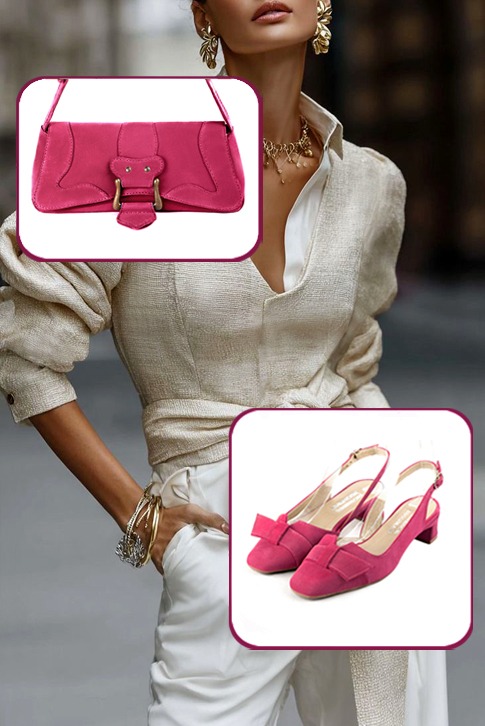 Women's fuchsia pink elegant slingback heels. Square toe. Low kitten heels - Worn view